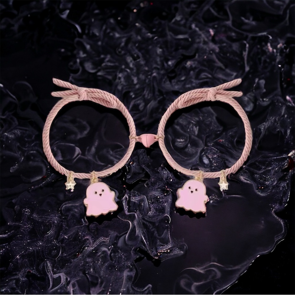 2pcs Cute Cartoon Pink Ghost Bracelet Set Hand Rope With Magnetic Suction Functi
